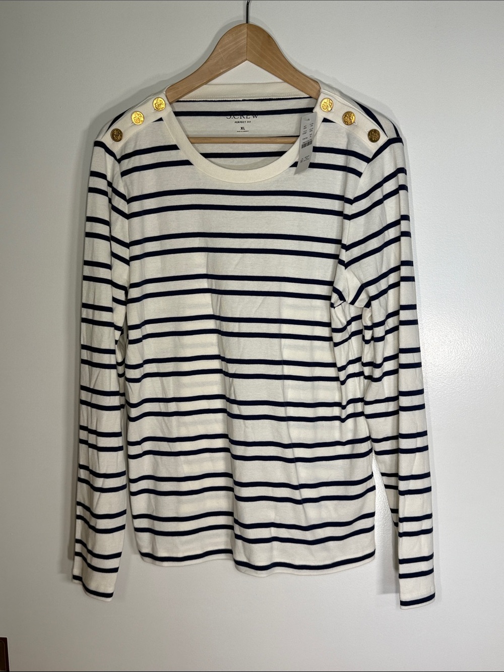 J. Crew Ivory and Navy Striped Button-Shoulder Top